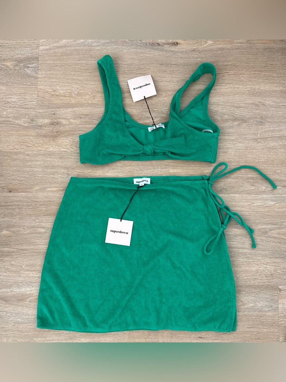 NWT Superdown Kelly Green Terry Cloth Tie-Side Mini Skirt with Top M